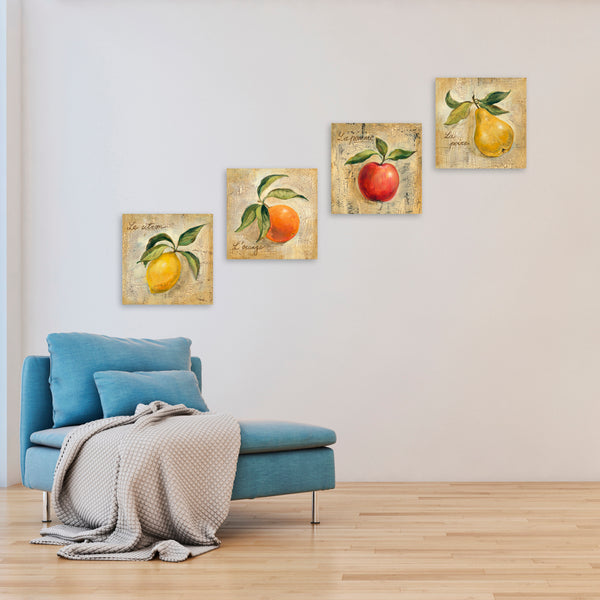Quadri Stampa su Tela con Telaio in Legno 4 pezzi Frutta in stile vintage Limone, Arancia, Mela, Pera