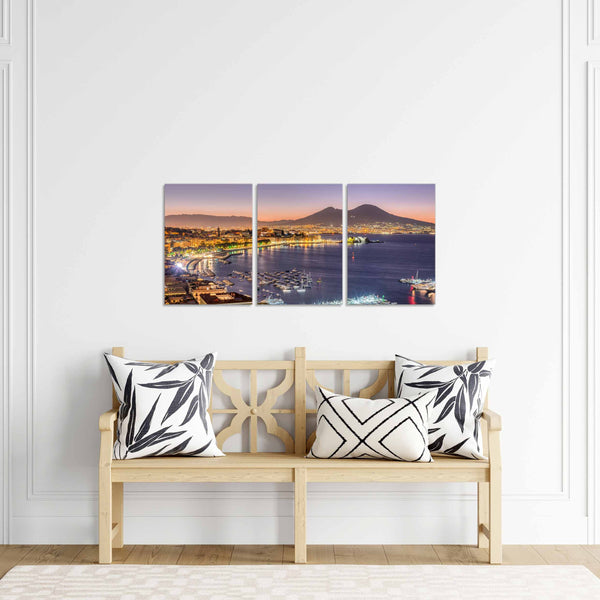 Quadri Stampa su Tela con Telaio in Legno 3 pezzi Panorama golfo di Napoli con vista sul Vesuvio al tramonto