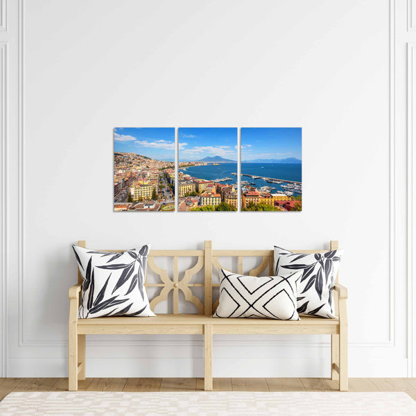 Quadri Stampa su Tela con Telaio in Legno 3 pezzi Panorama Napoli Vesuvio