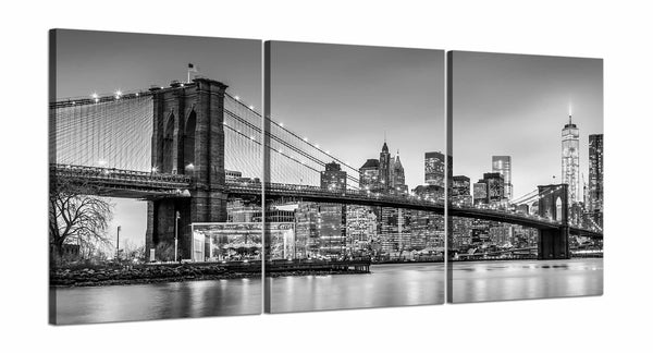 Quadri Stampa su Tela con Telaio in Legno 3 pezzi Panorama New York Ponte di Brooklyn in bianco e nero