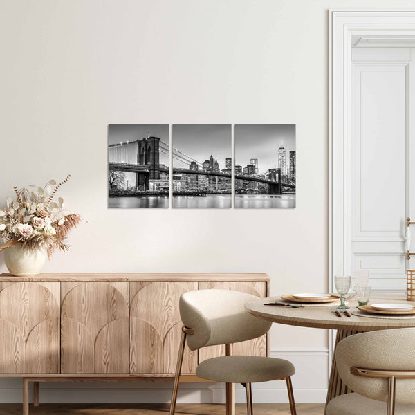Quadri Stampa su Tela con Telaio in Legno 3 pezzi Panorama New York Ponte di Brooklyn in bianco e nero