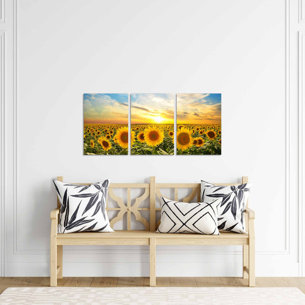 Quadri Stampa su Tela con Telaio in Legno 3 pezzi Campo di girasoli al tramonto
