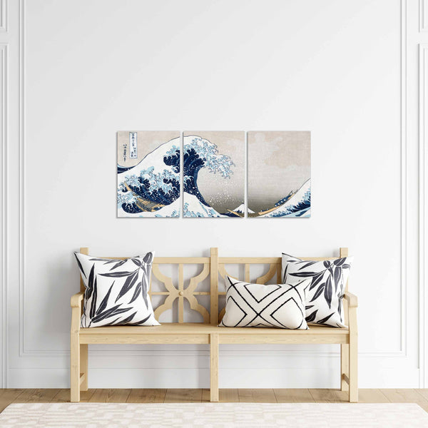 Quadri Stampa su Tela con Telaio in Legno 3 pezzi Hokusai La grande onda di Kanagawa