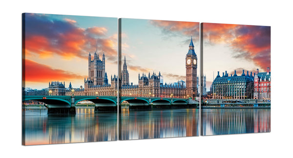 Quadri Stampa su Tela con Telaio in Legno 3 pezzi Panorama Londra Big Ben al Tramonto