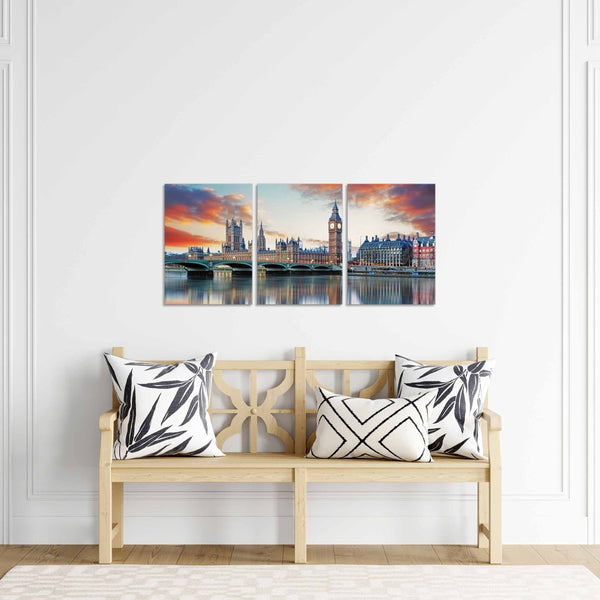 Quadri Stampa su Tela con Telaio in Legno 3 pezzi Panorama Londra Big Ben al Tramonto