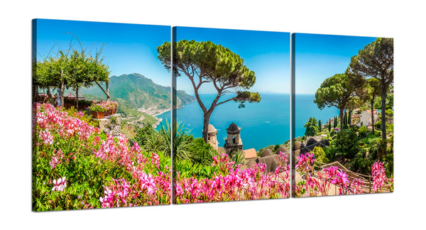 Quadri Stampa su Tela con Telaio in Legno 3 pezzi Panorama costiera Amalfitana Ravello