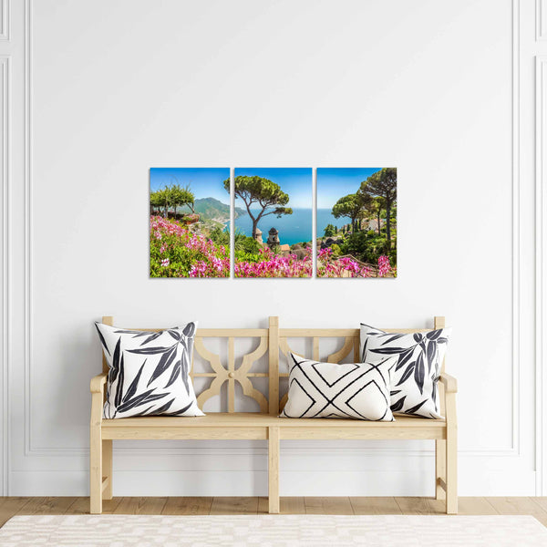 Quadri Stampa su Tela con Telaio in Legno 3 pezzi Panorama costiera Amalfitana Ravello