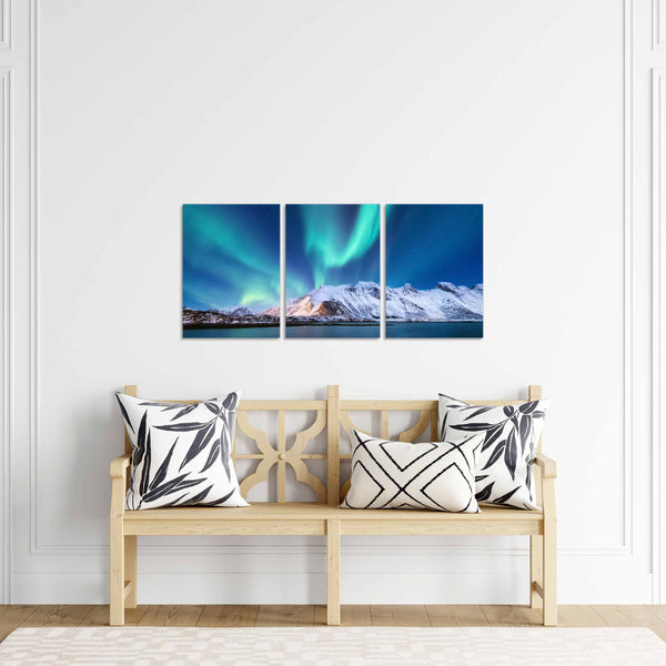 Quadri Stampa su Tela con Telaio in Legno 3 pezzi Aurora Boreale