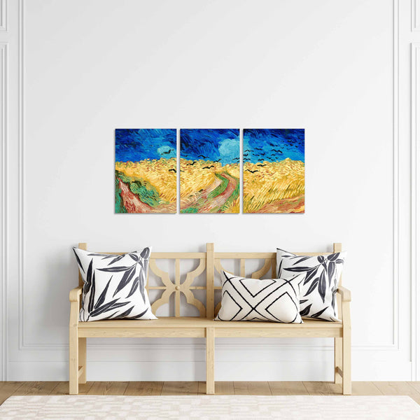 Quadri Stampa su Tela con Telaio in Legno 3 pezzi Vincent Van Gogh Campo di grano con corvi