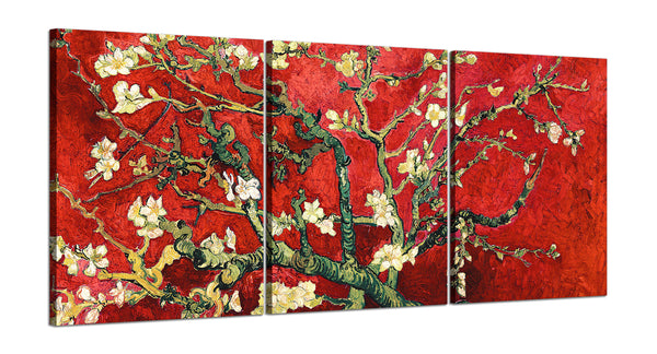 Quadri Stampa su Tela con Telaio in Legno 3 pezzi Vincent Van Gogh Mandorlo in fiore rosso