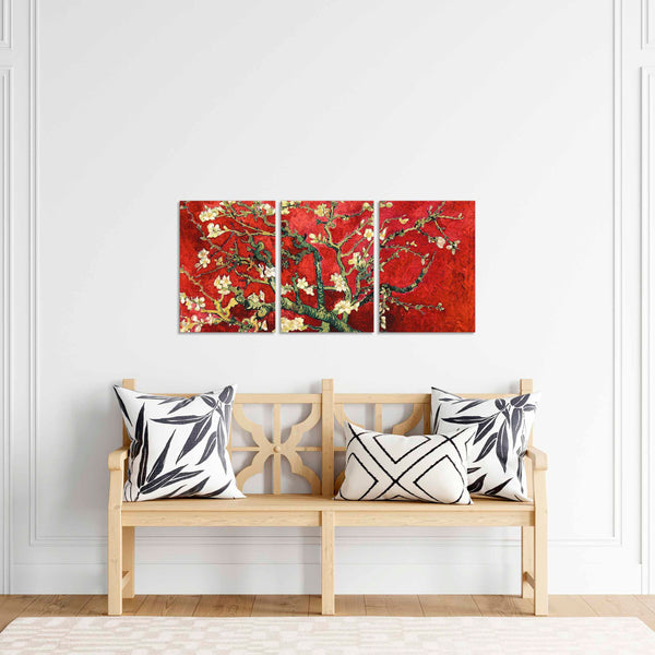 Quadri Stampa su Tela con Telaio in Legno 3 pezzi Vincent Van Gogh Mandorlo in fiore rosso