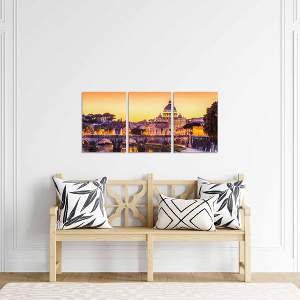Quadri Stampa su Tela con Telaio in Legno 3 pezzi Roma Basilica di San Pietro al tramonto