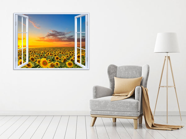 Quadro Finestra campo di girasoli 100x75 cm Stampa su Tela con Telaio in Legno Arredamento Arte Arredo Moderno - Made in Italy
