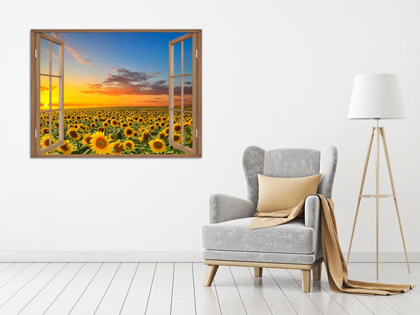 Quadro Finestra campo di girasoli 100x75 cm Stampa su Tela con Telaio in Legno Arredamento Arte Arredo Moderno - Made in Italy