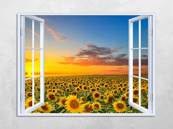 Quadro Finestra campo di girasoli 100x75 cm Stampa su Tela con Telaio in Legno Arredamento Arte Arredo Moderno - Made in Italy