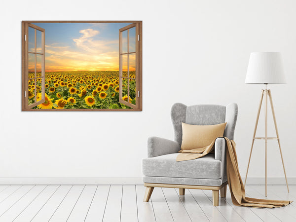 Quadro Finestra campo di girasoli 100x75 cm Stampa su Tela con Telaio in Legno Arredamento Arte Arredo Moderno - Made in Italy