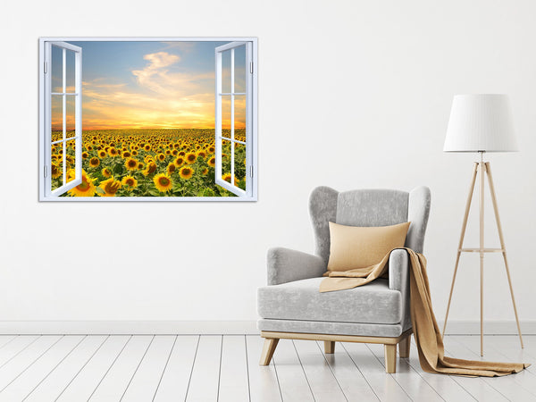 Quadro Finestra campo di girasoli 100x75 cm Stampa su Tela con Telaio in Legno Arredamento Arte Arredo Moderno - Made in Italy