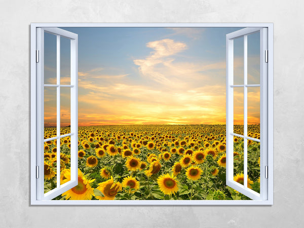 Quadro Finestra campo di girasoli 100x75 cm Stampa su Tela con Telaio in Legno Arredamento Arte Arredo Moderno - Made in Italy