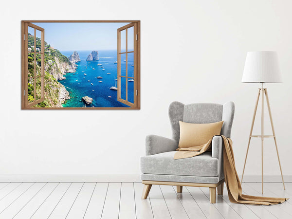 Quadro Finestra capri 100x75 cm Stampa su Tela con Telaio in Legno Arredamento Arte Arredo Moderno - Made in Italy