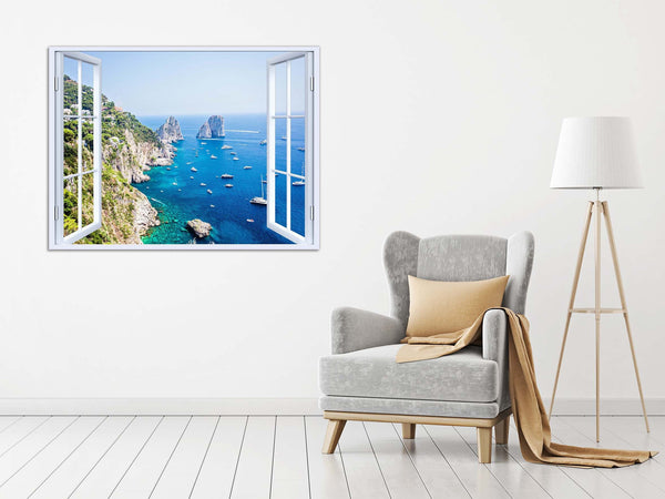 Quadro Finestra capri 100x75 cm Stampa su Tela con Telaio in Legno Arredamento Arte Arredo Moderno - Made in Italy