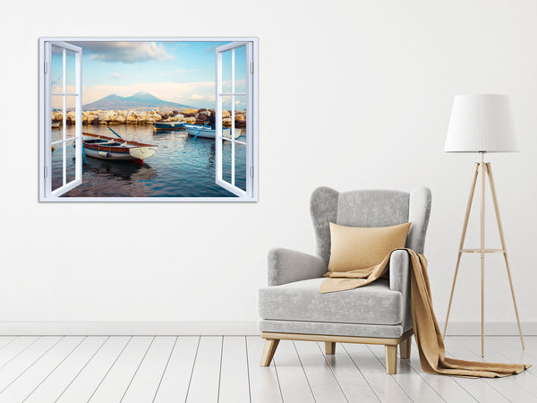 Quadro Finestra golfo di napoli vesuvio 100x75 cm Stampa su Tela con Telaio in Legno Arredamento Arte Arredo Moderno - Made in Italy