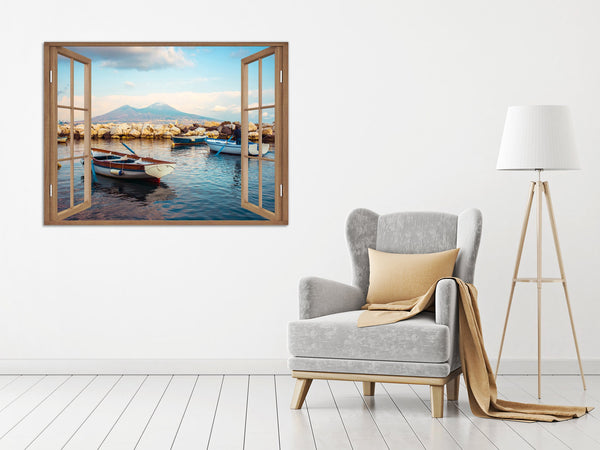 Quadro Finestra golfo di napoli vesuvio 100x75 cm Stampa su Tela con Telaio in Legno Arredamento Arte Arredo Moderno - Made in Italy