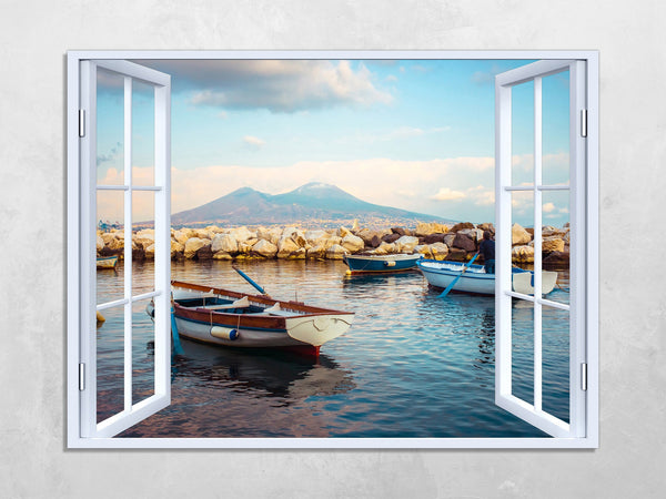 Quadro Finestra golfo di napoli vesuvio 100x75 cm Stampa su Tela con Telaio in Legno Arredamento Arte Arredo Moderno - Made in Italy