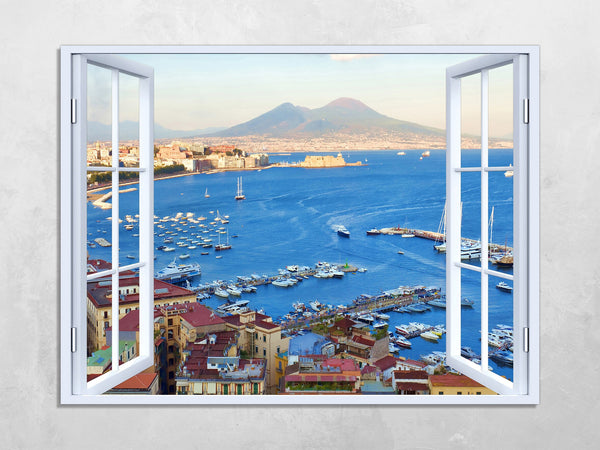 Quadro Finestra golfo di napoli vesuvio 100x75 cm Stampa su Tela con Telaio in Legno Arredamento Arte Arredo Moderno - Made in Italy