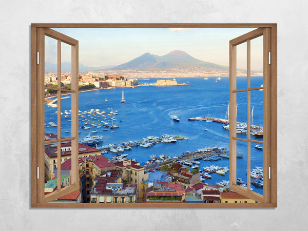 Quadro Finestra golfo di napoli vesuvio 100x75 cm Stampa su Tela con Telaio in Legno Arredamento Arte Arredo Moderno - Made in Italy