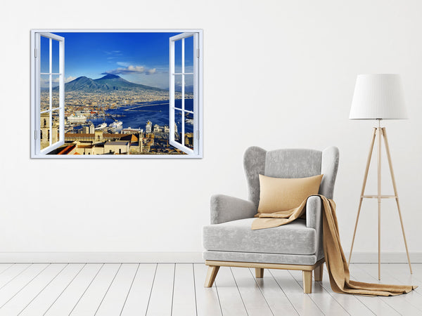 Quadro Finestra golfo di napoli vesuvio 100x75 cm Stampa su Tela con Telaio in Legno Arredamento Arte Arredo Moderno - Made in Italy