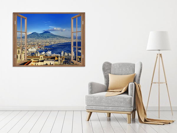 Quadro Finestra golfo di napoli vesuvio 100x75 cm Stampa su Tela con Telaio in Legno Arredamento Arte Arredo Moderno - Made in Italy
