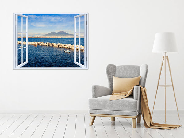 Quadro Finestra golfo di napoli vesuvio 100x75 cm Stampa su Tela con Telaio in Legno Arredamento Arte Arredo Moderno - Made in Italy