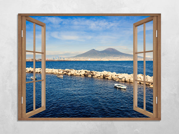 Quadro Finestra golfo di napoli vesuvio 100x75 cm Stampa su Tela con Telaio in Legno Arredamento Arte Arredo Moderno - Made in Italy