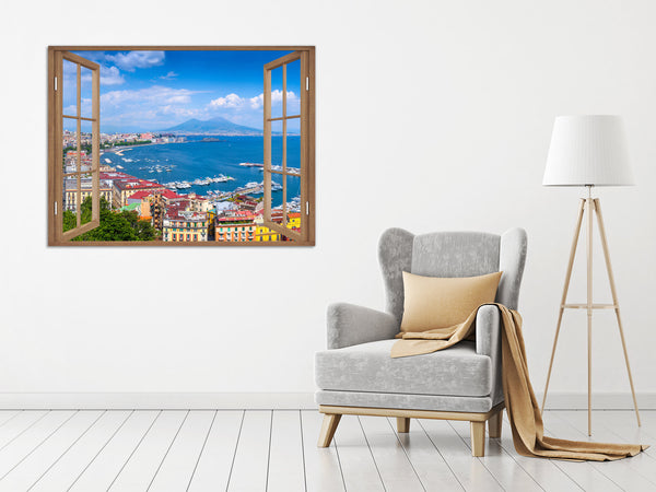 Quadro Finestra golfo di napoli vesuvio 100x75 cm Stampa su Tela con Telaio in Legno Arredamento Arte Arredo Moderno - Made in Italy