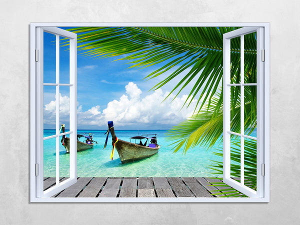 Quadro Finestra isola tropicale 100x75 cm Stampa su Tela con Telaio in Legno Arredamento Arte Arredo Moderno - Made in Italy