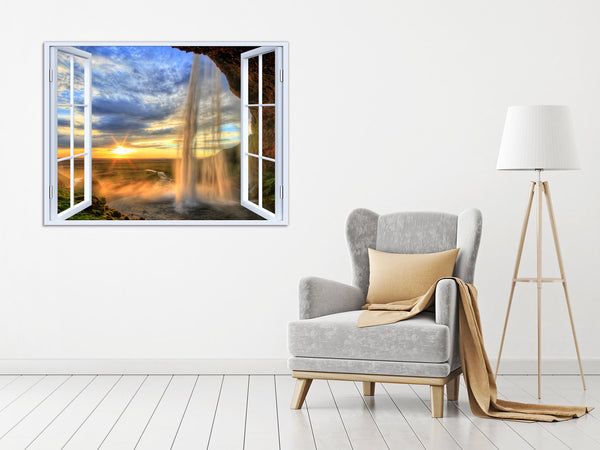 Quadro Finestra paesaggio tramonto cascata 100x75 cm Stampa su Tela con Telaio in Legno Arredamento Arte Arredo Moderno - Made in Italy
