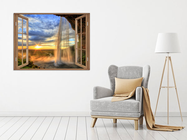 Quadro Finestra paesaggio tramonto cascata 100x75 cm Stampa su Tela con Telaio in Legno Arredamento Arte Arredo Moderno - Made in Italy