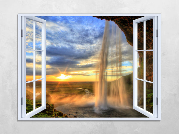 Quadro Finestra paesaggio tramonto cascata 100x75 cm Stampa su Tela con Telaio in Legno Arredamento Arte Arredo Moderno - Made in Italy