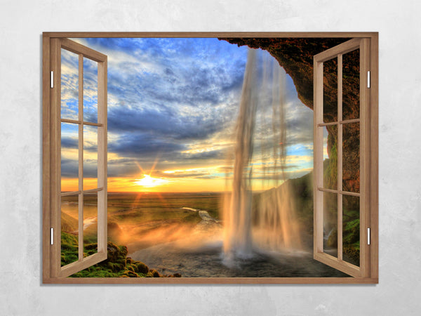 Quadro Finestra paesaggio tramonto cascata 100x75 cm Stampa su Tela con Telaio in Legno Arredamento Arte Arredo Moderno - Made in Italy