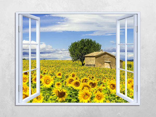 Quadro Finestra paesaggio campo da girasole 100x75 cm Stampa su Tela con Telaio in Legno Arredamento Arte Arredo Moderno - Made in Italy