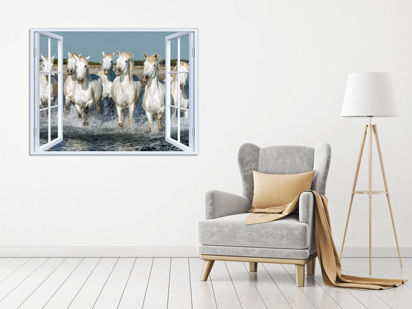 Quadro Finestra cavalli spiaggia  100x75 cm Stampa su Tela con Telaio in Legno Arredamento Arte Arredo Moderno - Made in Italy