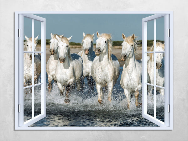 Quadro Finestra cavalli spiaggia  100x75 cm Stampa su Tela con Telaio in Legno Arredamento Arte Arredo Moderno - Made in Italy