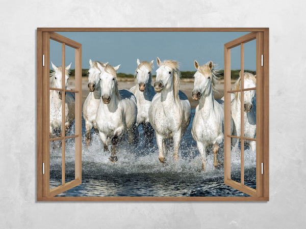 Quadro Finestra cavalli spiaggia  100x75 cm Stampa su Tela con Telaio in Legno Arredamento Arte Arredo Moderno - Made in Italy