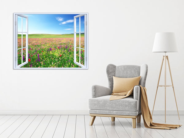 Quadro Finestra paesaggio campo fiorito 100x75 cm Stampa su Tela con Telaio in Legno Arredamento Arte Arredo Moderno - Made in Italy
