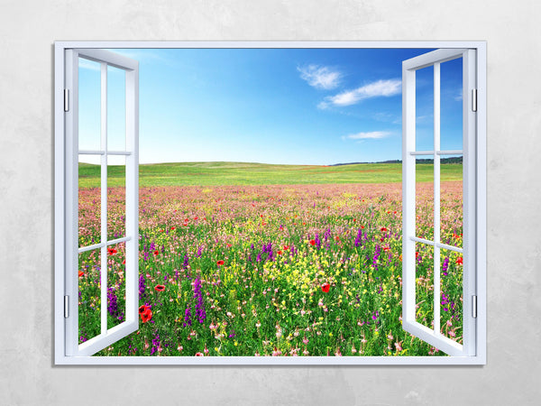 Quadro Finestra paesaggio campo fiorito 100x75 cm Stampa su Tela con Telaio in Legno Arredamento Arte Arredo Moderno - Made in Italy