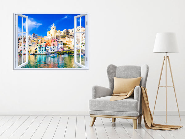 Quadro Finestra napoli isola di procida 100x75 cm Stampa su Tela con Telaio in Legno Arredamento Arte Arredo Moderno - Made in Italy