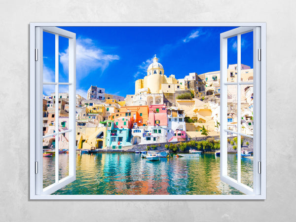 Quadro Finestra napoli isola di procida 100x75 cm Stampa su Tela con Telaio in Legno Arredamento Arte Arredo Moderno - Made in Italy