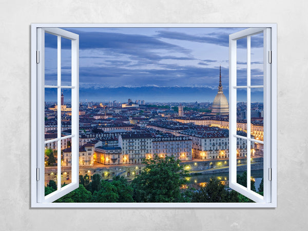 Quadro Finestra torino 100x75 cm Stampa su Tela con Telaio in Legno Arredamento Arte Arredo Moderno - Made in Italy