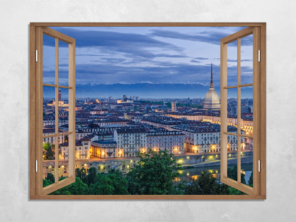 Quadro Finestra torino 100x75 cm Stampa su Tela con Telaio in Legno Arredamento Arte Arredo Moderno - Made in Italy