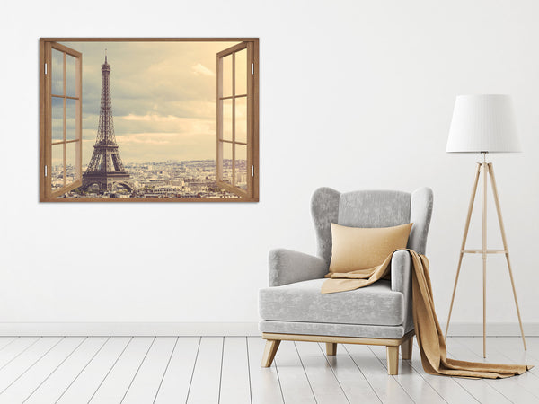 Quadro Finestra parigi Torre Eiffel 100x75 cm Stampa su Tela con Telaio in Legno Arredamento Arte Arredo Moderno - Made in Italy